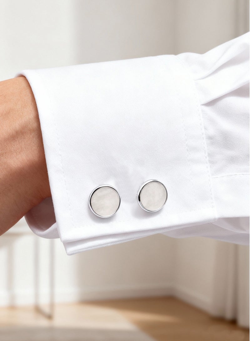 DB Innov. Cufflinks, Natural Pearl Shell Silver Round Cufflinks, 2 PCS in One Set Copper Material Jewelry Specially Design for Men's Shirt Wedding Business Gift with Delicate Package Box. - Image 3